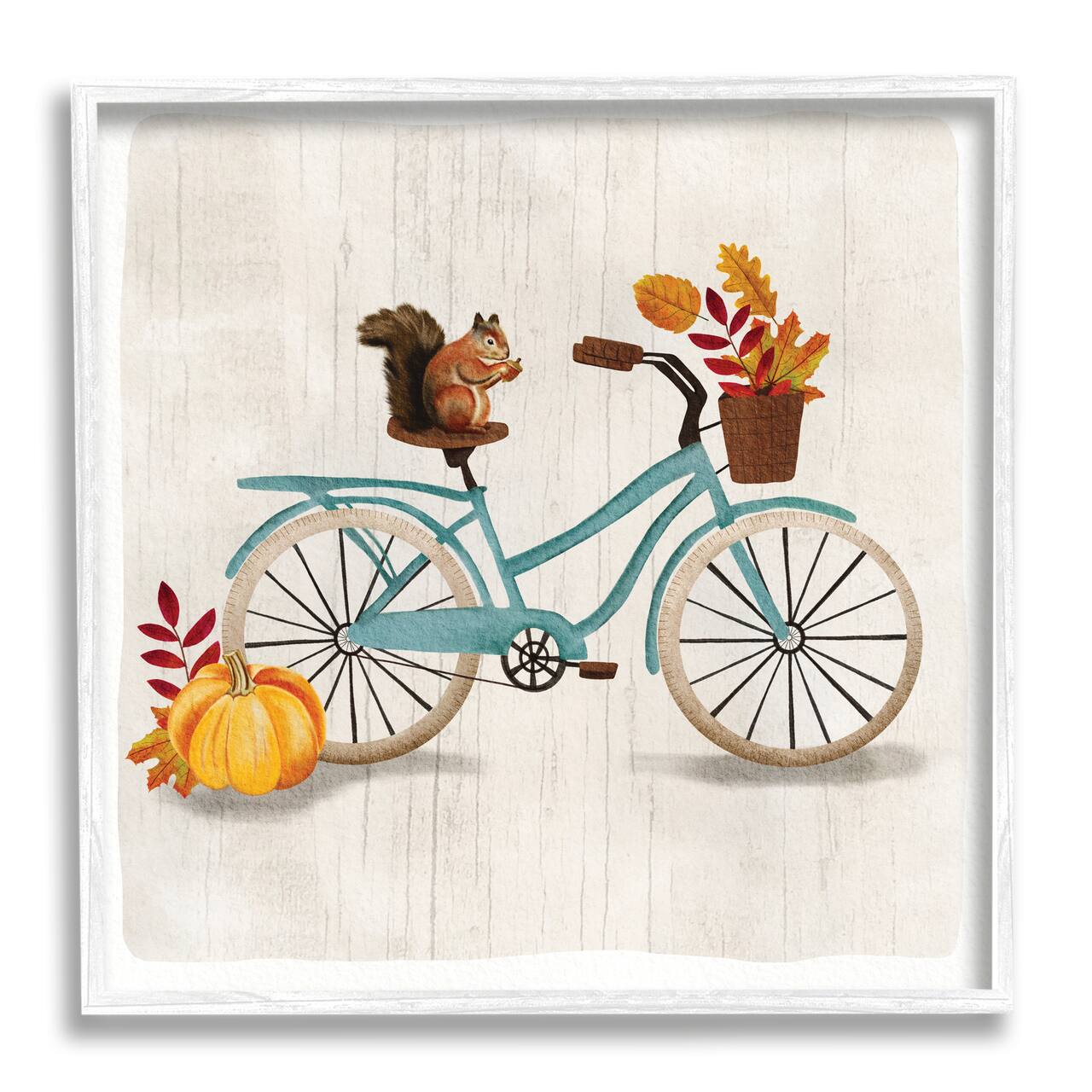 Stupell Industries Squirrel on Blue Bicycle Autumn Foliage Basket in White Frame Wall Art